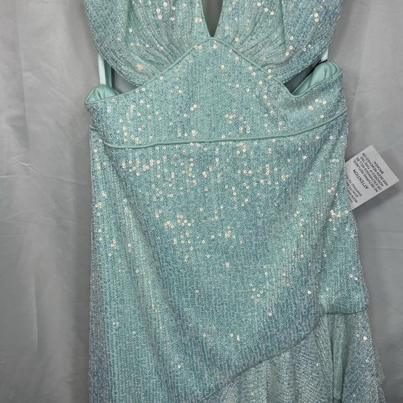 Mac Duggal A11274 Aqua Sequined Halter Cut Out Ruffle Asymmetrical Dress Size 4